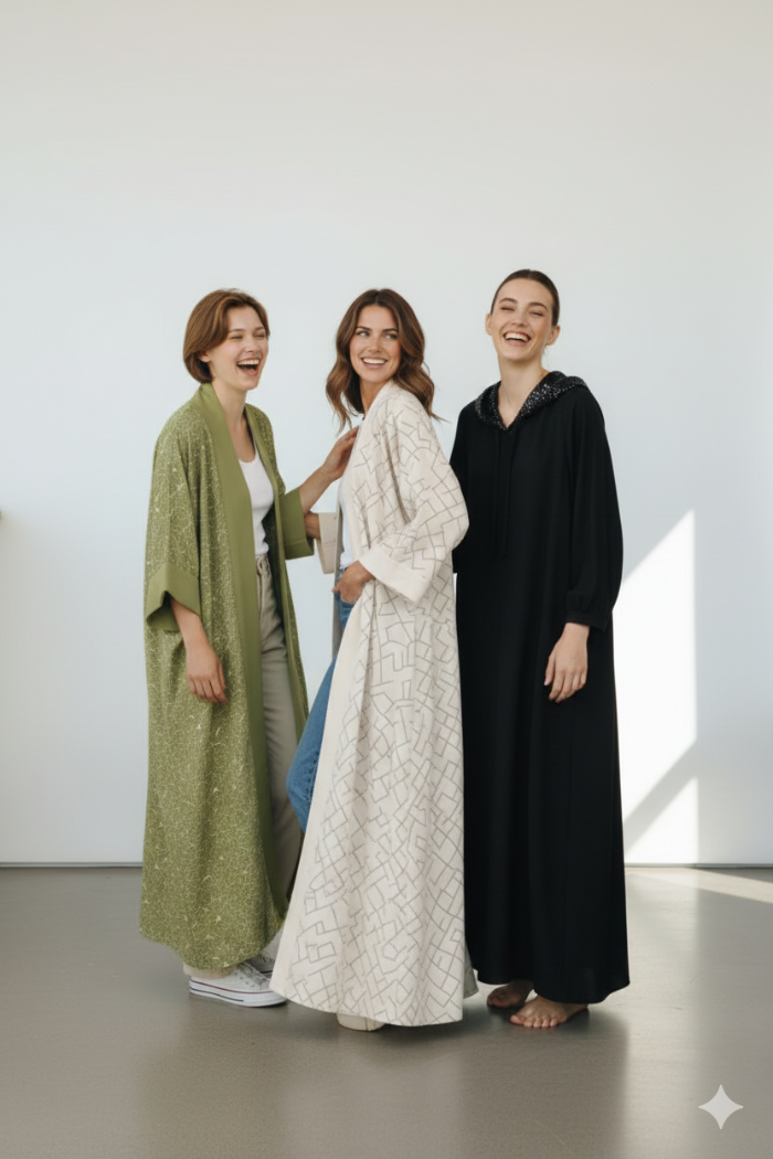Three women wearing long, elegant dresses standing against a white background